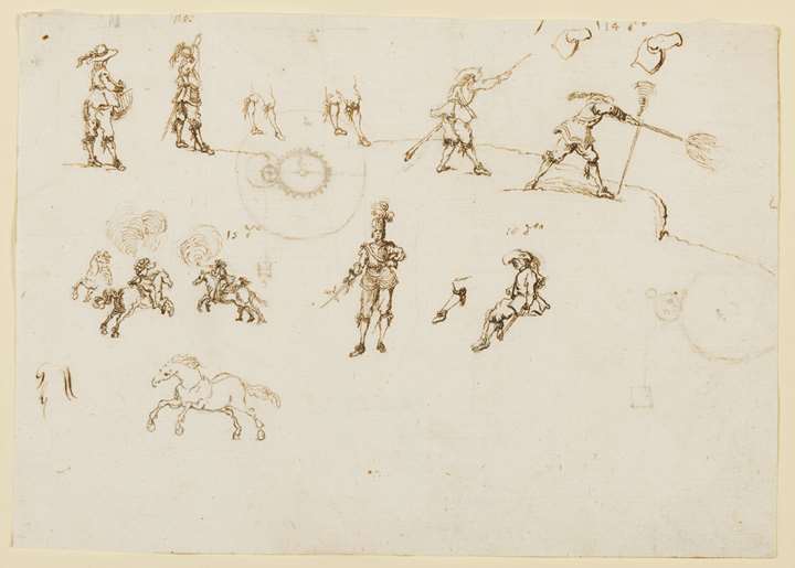A Sheet of Studies of Soldiers, Cavaliers and a Horse